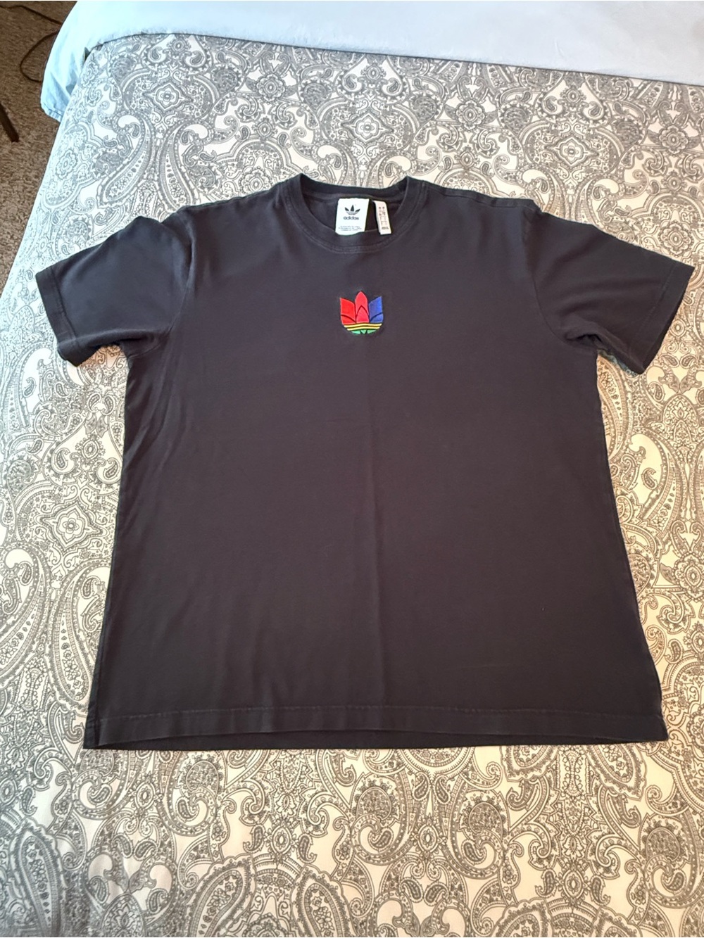 adidas Black Short Sleeve Tee with Multicolor Trefoil